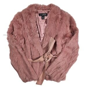 C. Magic Pink 100% Rabbit Fur Belted Suede Tie Jacket‎ Women's Size M Vintage